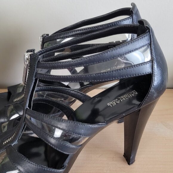 Michael Kors Berkley T Strap Black Leather PVC Front Zip Zipper Sandals Heels - Picture 6 of 16